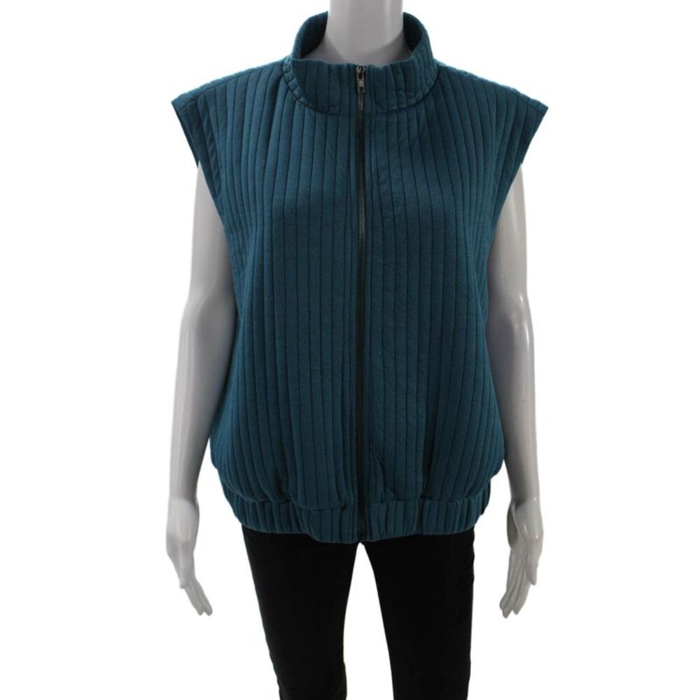 THML Womens Quilted Sleeveless Mock Neck Vest Blue Size L